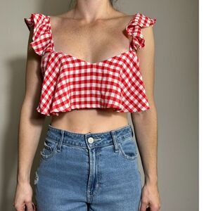 Zara Red and White Gingham Cottagecore Top Size Small